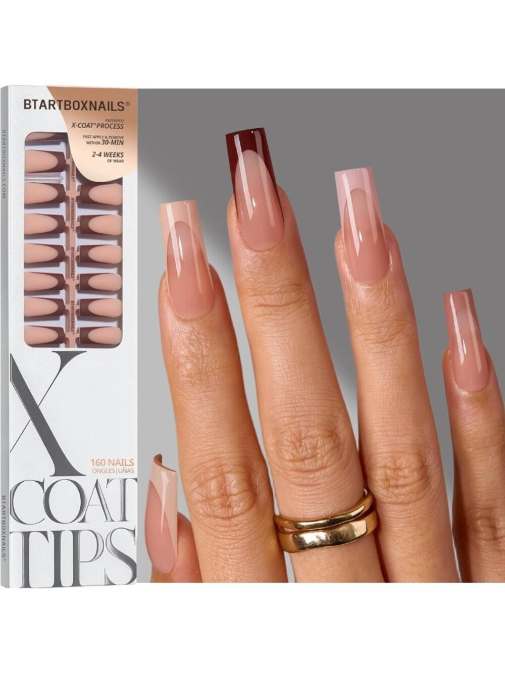 Brown French Tip Press-On Nails | Long Coffin Style | 160 Pcs Nail Set